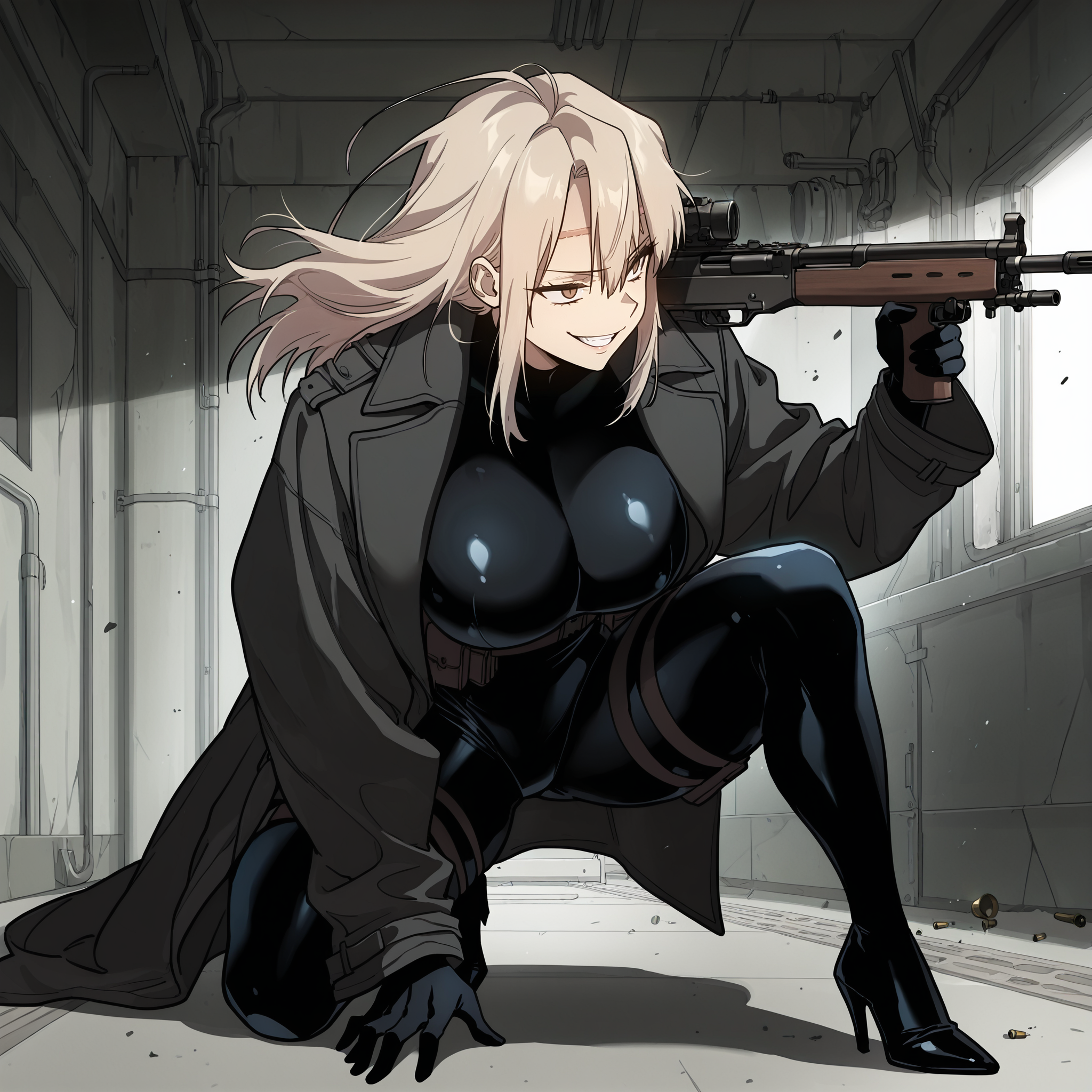 (masterpiece),(best quality),(ultra-detailed),(best illustration),(best shadow),(absurdres),(detailed background),(very aesthetic), 1girl, solo, big breasts, <lora:Rachel_Juvenile_Law__Illustrious:1>, blonde hair, long hair, brown eyes, forehead scar, bodysuit, coat, evil grin, shooting, holding rifle, dynamic pose, indoors, bullets, muzzles, industrial
