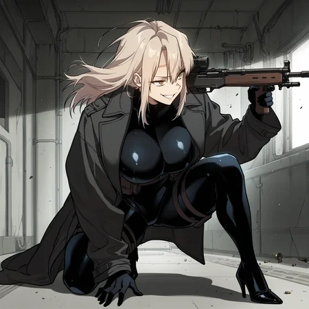 (masterpiece),(best quality),(ultra-detailed),(best illustration),(best shadow),(absurdres),(detailed background),(very aesthetic), 1girl, solo, big breasts, <lora:Rachel_Juvenile_Law__Illustrious:1>, blonde hair, long hair, brown eyes, forehead scar, bodysuit, coat, evil grin, shooting, holding rifle, dynamic pose, indoors, bullets, muzzles, industrial