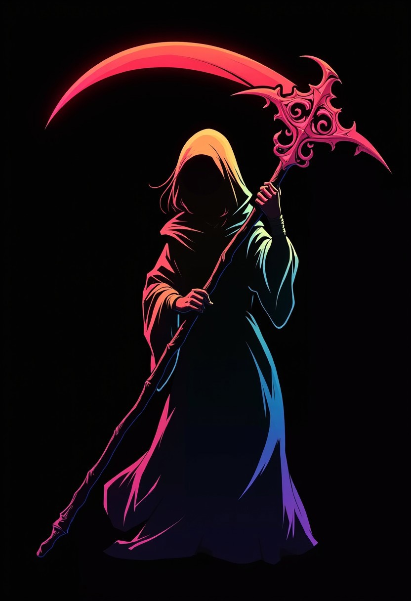 anime-style silhouetted outline against a dark background, a female reaper, rainbow-coloured, holding scythe