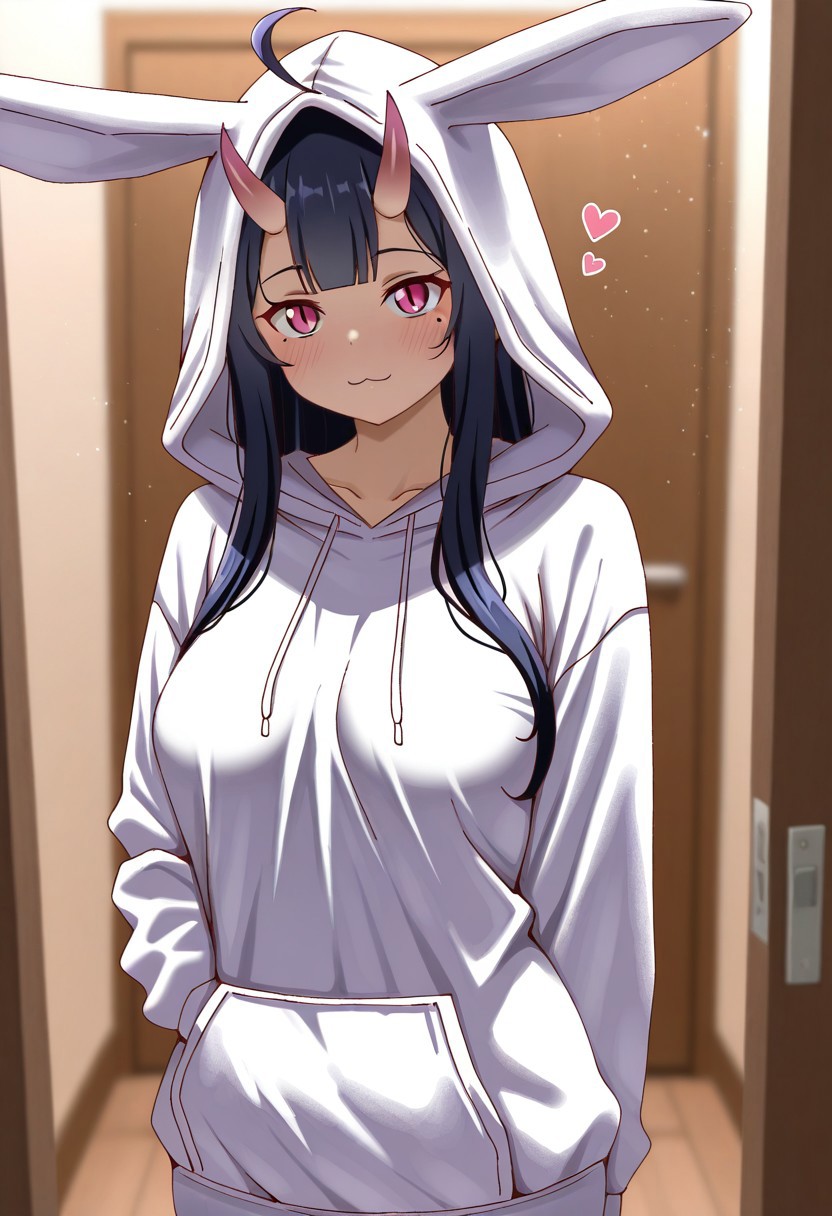 masterpiece, cute, lovely, newest, absurdres, (best quality:1.3), amazing quality, very aesthetic, 1girl, solo, high_resolution, hq, 4k, BREAK. high gradient eyes, very cute, light particles, cute details, cute colors, mature woman, (Poa_Mellhen_Style), oni, oni horns, dark blue hair, straight hair, very_long_hair, blunt bangs, pink eyes, slit pupils, (medium breasts:1.2), sagging_breasts, :3, ahoge, BREAK, in the style of cksc, depth of field,detailed background, volumetric lighting,godrays, detailed eyes,expressive eyes,highres, blurry, heart, long_sleeves, looking_at_viewer, mole ,mole_under_eye, sharp_maker, cinematic lighting, detailed clothes, vivid colors, fine texture, harajuku rabbit ear jacket, hoodie, hood up, rabbit ears,