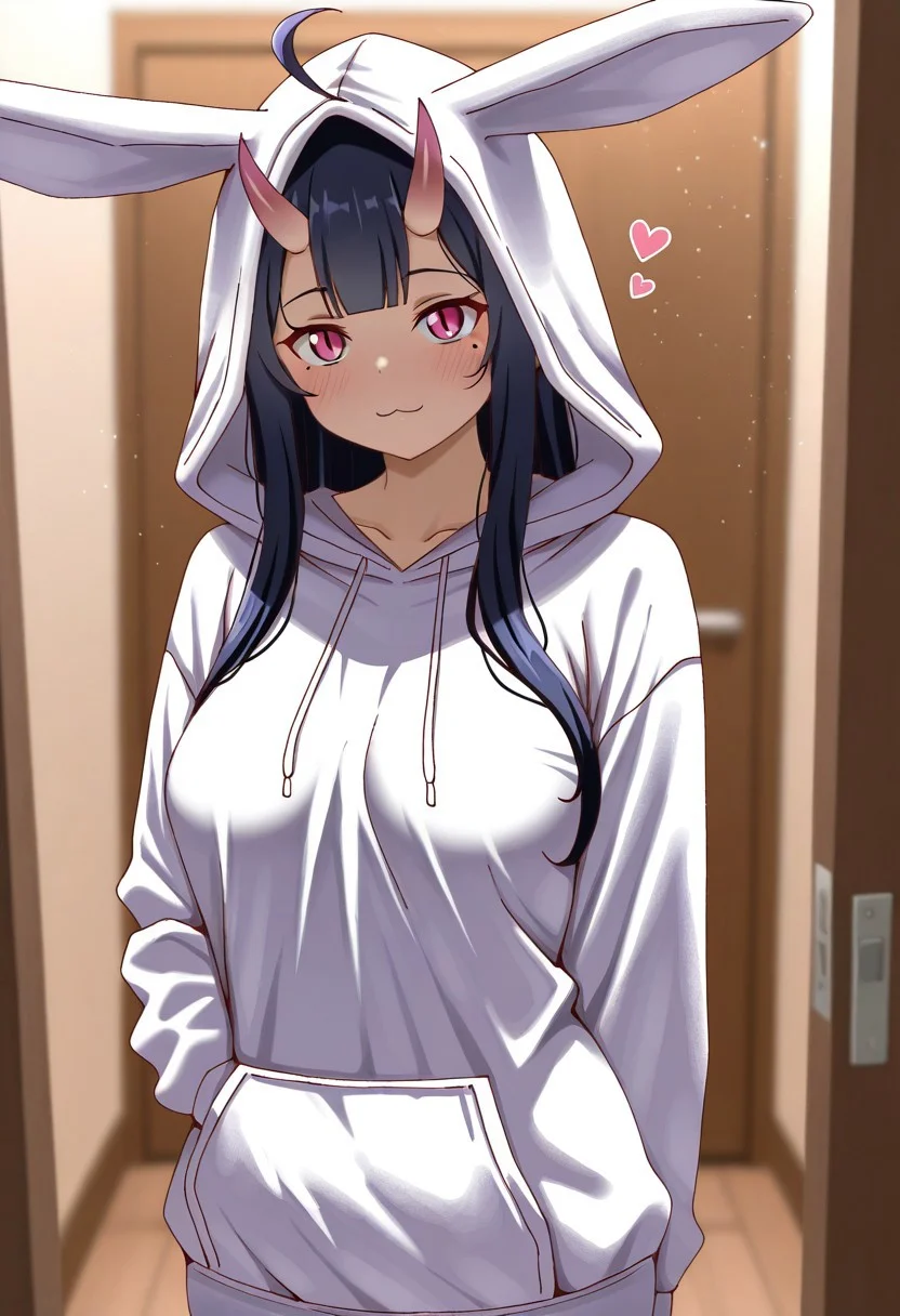 masterpiece, cute, lovely, newest, absurdres, (best quality:1.3), amazing quality, very aesthetic, 1girl, solo, high_resolution, hq, 4k, BREAK. high gradient eyes, very cute, light particles, cute details, cute colors, mature woman, (Poa_Mellhen_Style), oni, oni horns, dark blue hair, straight hair, very_long_hair, blunt bangs, pink eyes, slit pupils, (medium breasts:1.2), sagging_breasts, :3, ahoge, BREAK, in the style of cksc, depth of field,detailed background, volumetric lighting,godrays, detailed eyes,expressive eyes,highres, blurry, heart, long_sleeves, looking_at_viewer, mole ,mole_under_eye, sharp_maker, cinematic lighting, detailed clothes, vivid colors, fine texture, harajuku rabbit ear jacket, hoodie, hood up, rabbit ears,