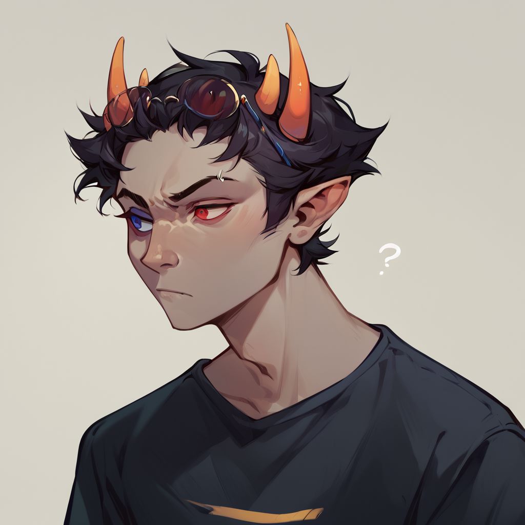 score_9, score_8_up, score_7_up, score_6_up, Sollux Captor, grey skin, black hair, four horns, blue and red eyes, looking concerned, looking to the side, sidelong glance, headshot, head only, raised eyebrow, confused expression