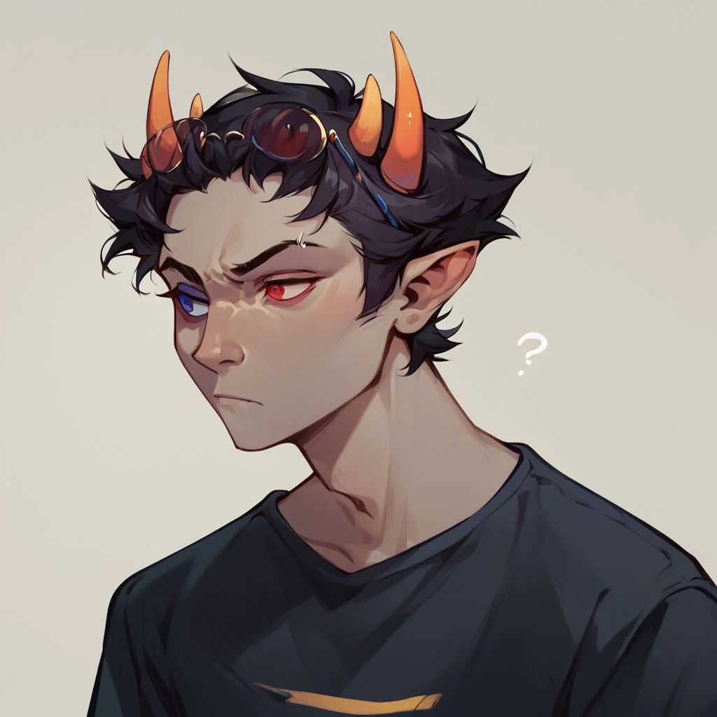 score_9, score_8_up, score_7_up, score_6_up, Sollux Captor, grey skin, black hair, four horns, blue and red eyes, looking concerned, looking to the side, sidelong glance, headshot, head only, raised eyebrow, confused expression