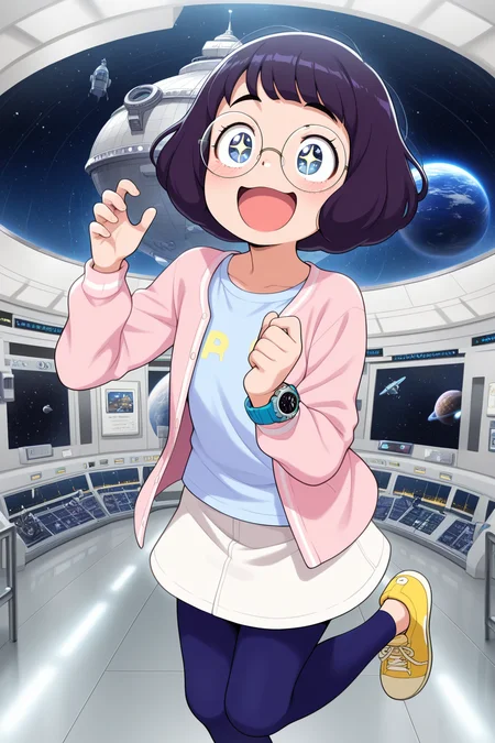 masterpiece, best quality, amazing quality, absurdres, misorainaho, short hair, glasses, round eyewear, solo, smile, open mouth, excited, sparkling eyes, sparkle, light blue shirt, pink cardigan, wristwatch, white skirt, blue leggings, yellow sneakers, indoors, planetarium, spacesuit, museum, rocket ship
