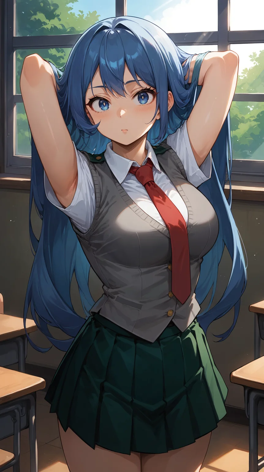 score_9,score_8_up,score_7_up,score_6_up, <lora:xl_more_art-full_v1:0.5>, source_anime, girl, dynamic pose, arms behind her head, <lora:Nejire Hado - Pony-000004:0.8>, long hair, blue hair, blue eyes, school uniform, grey vest, red necktie, pleated skirt, green skirt, classroom, large window, light rays, deep in thought, thinking,