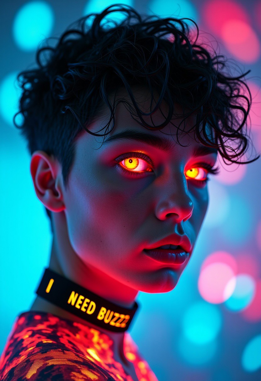 hyper-realistic, cinematic portrait, capturing the essence of 'I NEED BUZZ' as a visceral, multi-sensory experience, gender-fluid figure with androgynous features, close up, intricate artwork, neon makeup, bioluminescent tattoos that pulsate with the rhythm of an unseen energy source, glowing neon skin, neon glowing eyes, red neon eyes, eyes glow with an inner light, reflecting the chaotic beauty of a digital rave, short curly hair, neon choker necklace with yellow text, futuristic clothing with neon patterns, swirling vortex of vibrant colored neon lights and fragmented pixels, blue and pink lighting creating high contrast, sense of immersive, hallucinatory immersion, 'I NEED BUZZ' glitching text overlay, 'I NEED BUZZ' subliminal pattern within light patterns, fusion of cyberpunk, glitch art, and baroque painting, visually arresting, emotionally charged, bright cyberpunk glow, neon vibes, neon cyberpunk style, cyberpunk neon, cyberpunk art style, cyberpunk with neon lighting, focused and intense atmosphere, close-up perspective, shallow depth of field, sharp focus on accessories and hair, artistic and edgy vibe, detailed skin texture, realistic cybernetic enhancements, ultra-detailed bioluminescence, realistic neon glow, volumetric lighting, cinematic color grading, intricate surface details, high contrast lighting, sharp focus, extreme detail, photorealistic rendering, octane render, unreal engine,