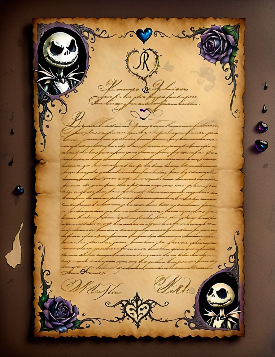 a love letter from Jack Skellington to Sally<lora:SDXLInkStainsFinal:1> Inkstains, high quality, beautiful,  highly detailed, 8k, fantasy, Nightmare Before Christmas love letter