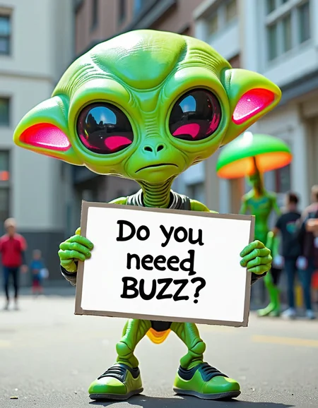 an alien holding a sign with text "do you need buzz?" <lora:buzz-text:1>