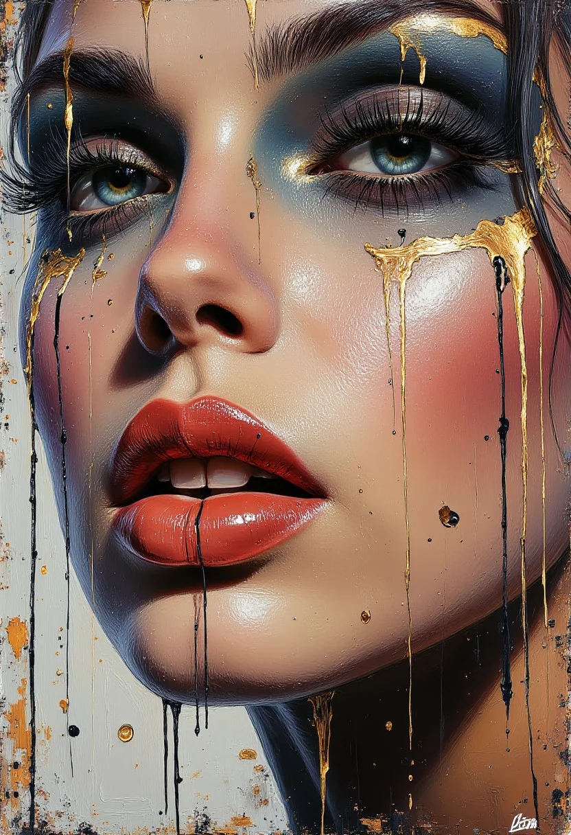 Close up portrait, impasto technique, low angle, detailed eyes, detailed lips, gray gold and black accents, dripping paint, illustration, painting, poster, impressionist, visible brush strokes, splashes, dynamic, sultry lips, seductive expression
, detailmaximizer, aidmaglow, midjourneyv6.1
