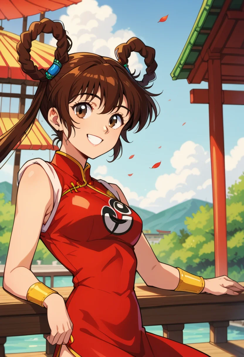 score_9, score_8_up, score_7_up, score_6_up, score_5_up, score_4_up, masterpiece, best quality, BREAK,
1girl, outdoors, day, chinatown, <lora:Mamono_Hunter_Youko:1> dyohko, brown hair, hair rings, chinese clothes, red dress, sleeveless,smile