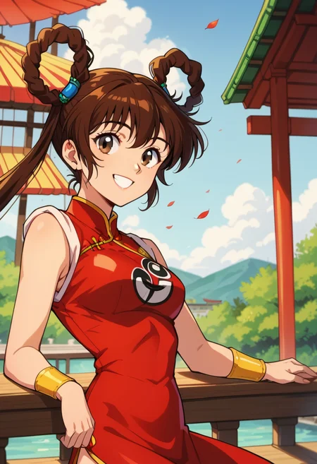 score_9, score_8_up, score_7_up, score_6_up, score_5_up, score_4_up, masterpiece, best quality, BREAK,
1girl, outdoors, day, chinatown,   <lora:Mamono_Hunter_Youko:1> dyohko, brown hair, hair rings, chinese clothes, red dress, sleeveless,smile