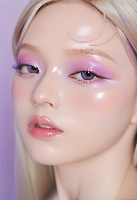<lora:Editorial_Styles_SDXL:0.8> female, portrait, close-up, soft focus, pastel colors, glossy makeup, artistic makeup, purple eyeshadow, pink blush, light skin, minimalistic background, sleek hair, modern aesthetic, serene expression, fashion photography, beauty shot, editorial style, high fashion, youthful, avant-garde, bold look, fine art photography