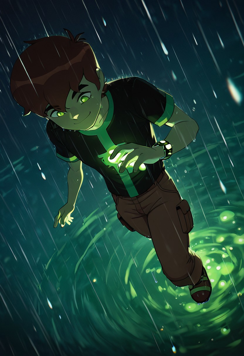 masterpiece, best quality, amazing quality, very aesthetic, absurdres, newest, 
benov, short hair, brown hair, 1boy, solo,,  thick eyebrows, brown cargo pants, 
short sleeves,  black green shirt,
falling from sky, from above, smile, glowing watchn green glow, night sky, rain, foreground blur, floating rain particles, water drops on lens
