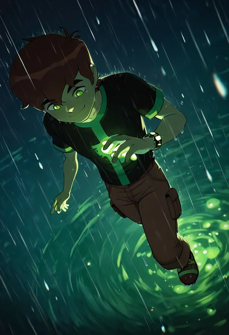 masterpiece, best quality, amazing quality, very aesthetic, absurdres, newest,
benov, short hair, brown hair, 1boy, solo,, thick eyebrows, brown cargo pants,
short sleeves, black green shirt,
falling from sky, from above, smile, glowing watchn green glow, night sky, rain, foreground blur, floating rain particles, water drops on lens