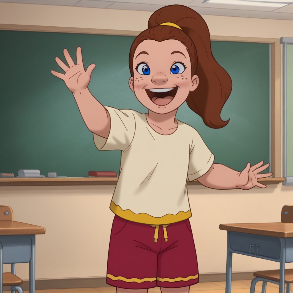 score_9, , solo, victoria_las, brown hair, ponytail, freckles, blue eyes, shirt, shorts, classroom, open smile, waving