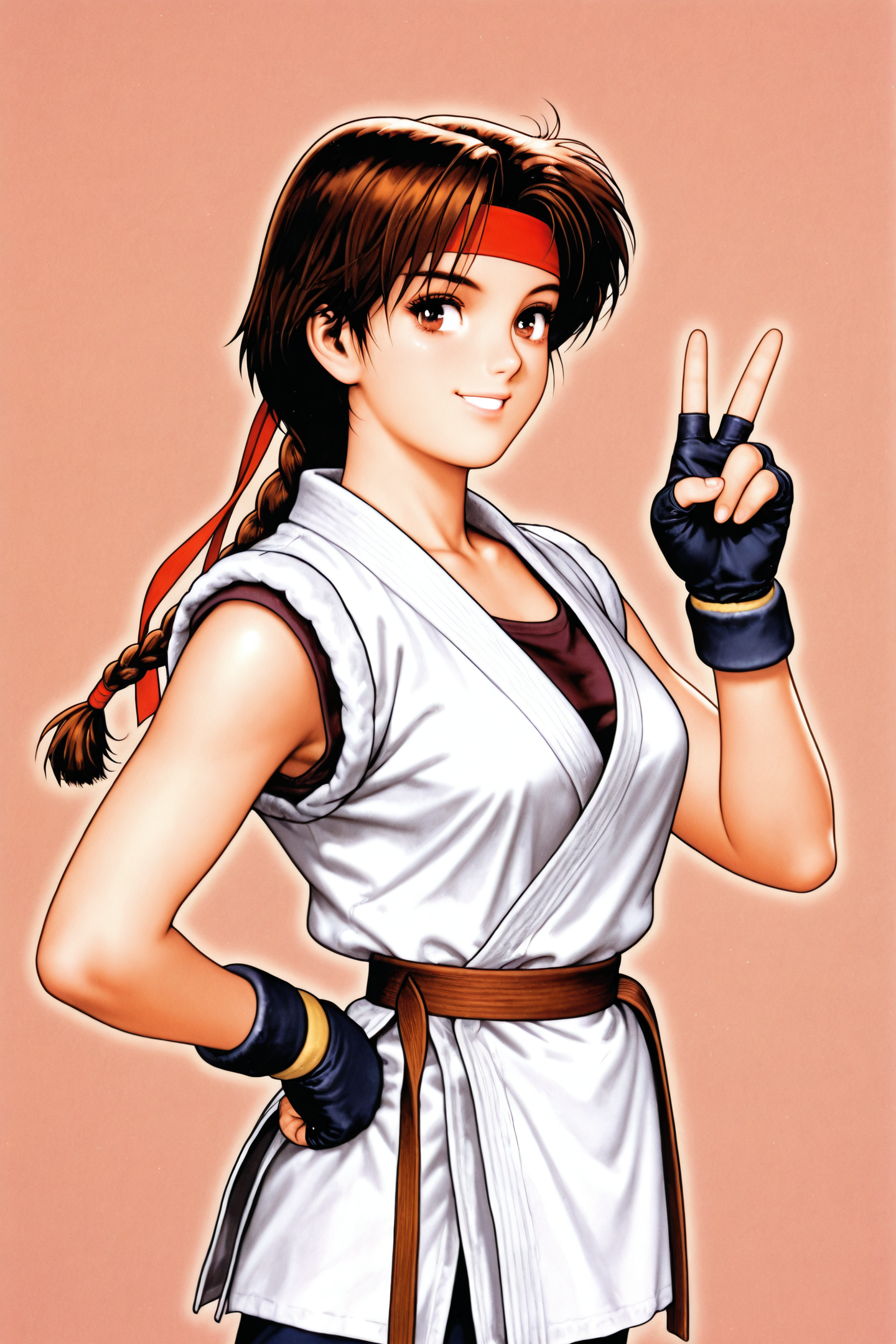 Yuri Sakazaki,1girl,solo,white dougi,short hair,brown hair,black gloves,red headband,fingerless gloves,brown eyes,v,smile,hand on hip,braid,single braid,looking at viewer,retro artstyle,
<lora:shinkiro_illustriousXL:1>,