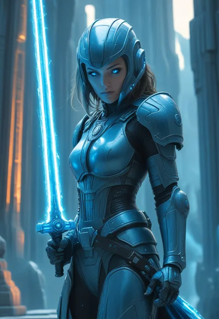 1woman, heavy scifi armor, Holding Plasma Sword, blue plasma sword, temple background,