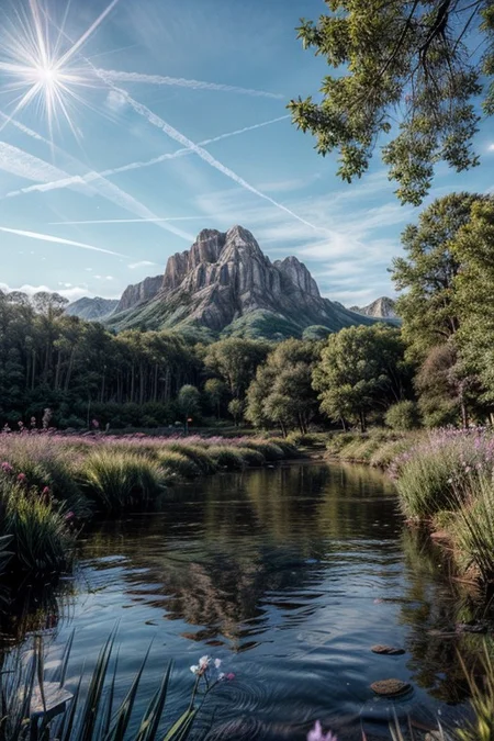 masterpiece, best quality, ultra-detailed, realistic, 8k, one pine tree, flowers fields, many kinds of flowers, a couple of deer on very distant, lakes, meadows, glitter, moonlight, Crystal landscape, Crystal flowers, Crystal fantastic, out-of-this-world scenery, lifelike, naturalism, greatest naturalism photo, immaculate detailed realism photography, rich colors, best colors perfect composition, perfect colors, colorful, clear photo, intrigue nature panorama, delicate nature photo, immaculate micro-details nature elements, Crystal landscape, Crystal flowers, Crystal fantastic, out-of-this-world scenery, prettiest, breathtaking beautiful, nature, super delicate photo, surreal, insanely lifelike, top best naturalism photography, greatest detailed, intricate details, depth of field, no human,