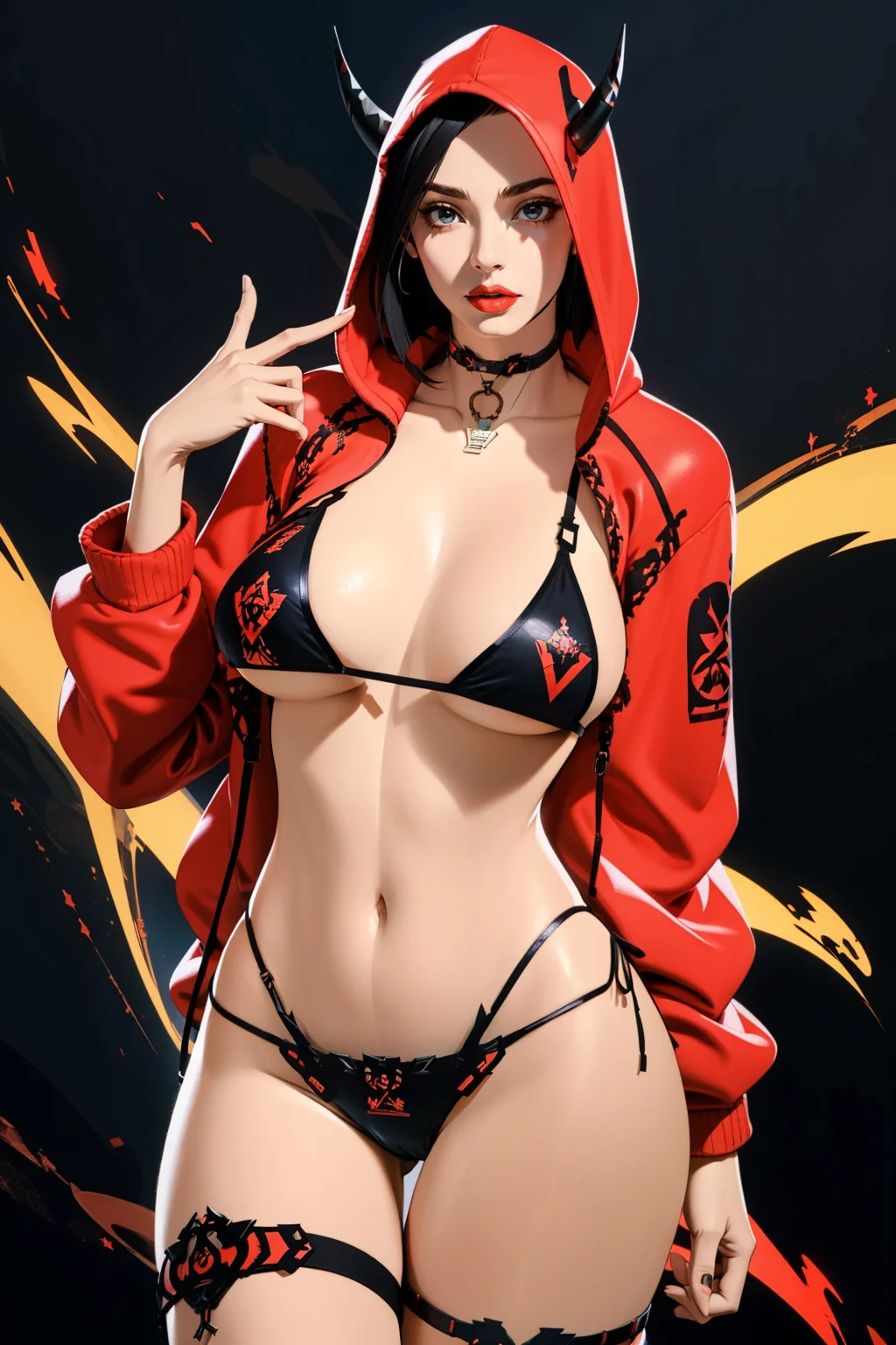 masterpiece, best quality, high quality, <lora:detail_slider_v4:2> <lora:age_slider_v2:3> <lora:techk1ttyred:0.9> techk1tty, bikini, red and black bikini, red and black theme, plastic, lingerie, tech wear, choker, bra, panties, garterbelt, thigh strap, horns, belt, hood, collar, hoodie, black bikini, hood up, black hoodie, cropped hoodie