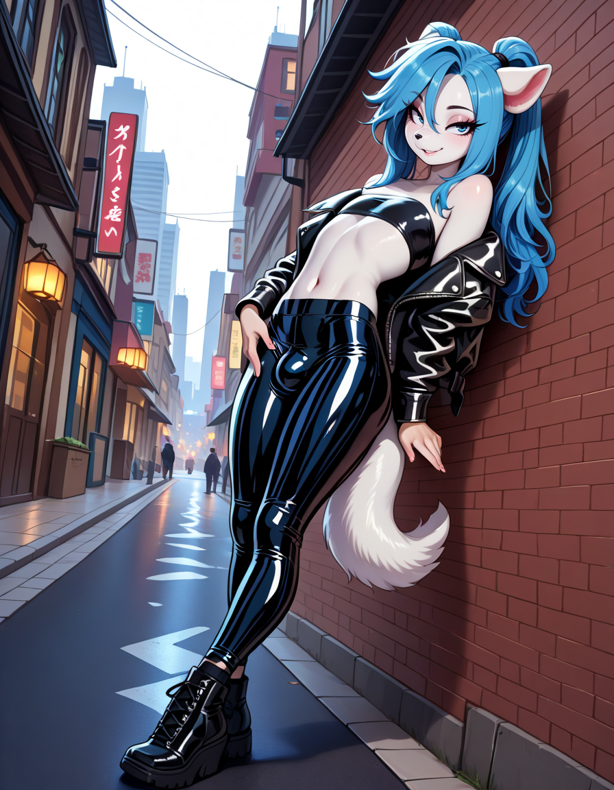 masterpiece, best quality, very aesthetic, absurdres,
outdoors, city, street, 
full body, standing, posing, 
latex pants, tube top, leather jacket, 
seductive smile, parted lips, long eyelashes, bulge, 
 <lora:Moisha_v01_NAIXL:1> Moisha,1boy,solo,furry,furry male,male focus,otoko no ko,animal ears,blue hair,long hair,ponytails,blue eyes,snout,animal nose,tail,