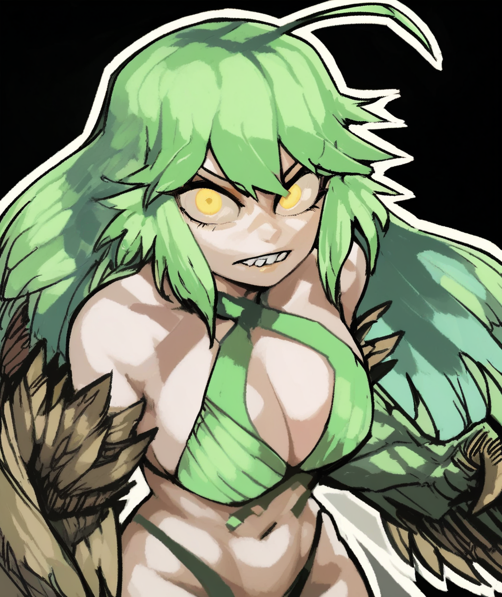 score_8_up. score_7_up,<lora:33dotdot:1>, uncensored, score_9, 33dotdot, 1girl, large breasts, green hair, outline, monster girl, clenched teeth, harpy, yellow eyes, black background, ahoge, simple background, looking at viewer, navel, winged arms, bare shoulders, green bikini, cleavage