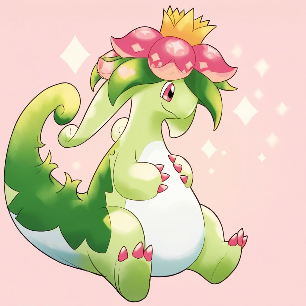 Dinossom_Palworld, pink eyes, white belly, green body, flower, tail, pink claws, flower, sitting, full body, smile, happy