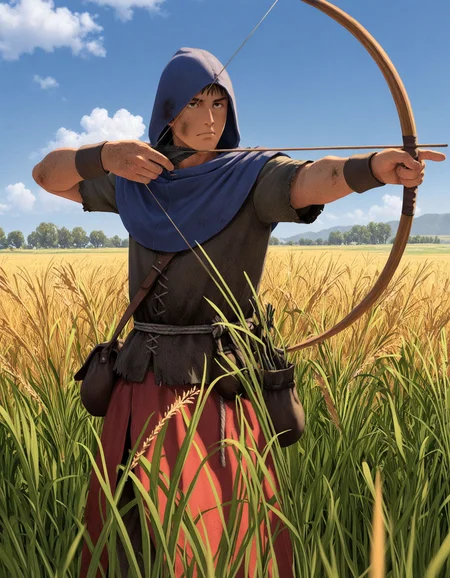 masterpiece, good quality, best quality, 2d, anime,
bretonnianpeasant, 1boy, hood, bow \(weapon\),
wheat field, dirty face, aiming,
<lora:BretonnianPeasant_Vpred:0.6>
