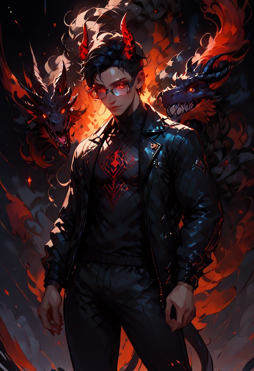 ((score_9, score_8_up, score_7_up,score_9, score_8_up, score_7_up)), (Masculine, Light/tan skin, Toned and 6'5 feet tall:1.4), 24 years old, Handsome face, smile face, perfect face, (((Black hair with neon red highlights))), ((Glowing neon Gold irises)), (Neon Red pupils), (White Sclera), shiny skin, Curley short haircut, ((2 spiral red horns)), (((Demon))), (Large muscle build), gages in ears, Neon tattoos on arms, wild hair, toned hips, ((fit look, large intelligent glasses)), ((Long Blue leather coat, dragon scale coat, black vest, black shirt, black pants)), shiny skin, dark aura, small light, warm lighting, (no nsfw) , stools, cowboy shot, dark dimension, black background, empty space, stars, dynamic action: one hand opened, (((explicit, beam, sole hyper bottomless hole, both her wings hole shooting one strong giant thick purple beam by absolute straight line,))), focus on hand