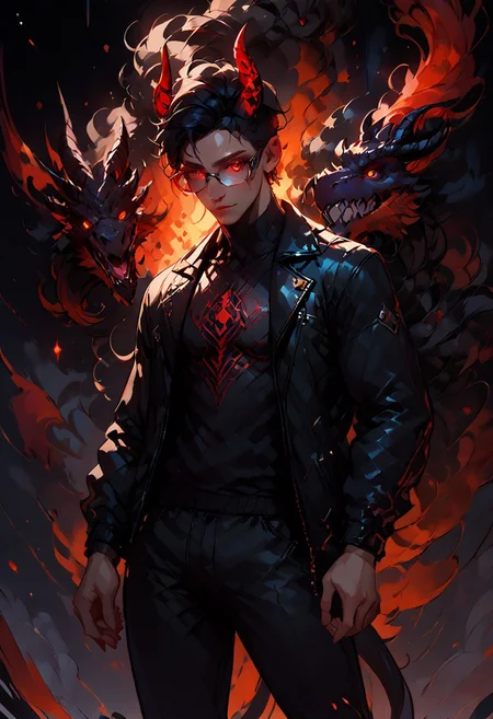 ((score_9, score_8_up, score_7_up,score_9, score_8_up, score_7_up)), (Masculine, Light/tan skin, Toned and 6'5 feet tall:1.4), 24 years old, Handsome face, smile face, perfect face, (((Black hair with neon red highlights))), ((Glowing neon Gold irises)), (Neon Red pupils), (White Sclera), shiny skin, Curley short haircut, ((2 spiral red horns)), (((Demon))), (Large muscle build), gages in ears, Neon tattoos on arms, wild hair, toned hips, ((fit look, large intelligent glasses)), ((Long Blue leather coat, dragon scale coat, black vest, black shirt, black pants)), shiny skin, dark aura, small light, warm lighting, (no nsfw) , stools, cowboy shot, dark dimension, black background, empty space, stars, dynamic action: one hand opened, (((explicit, beam, sole hyper bottomless hole, both her wings hole shooting one strong giant thick purple beam by absolute straight line,))), focus on hand