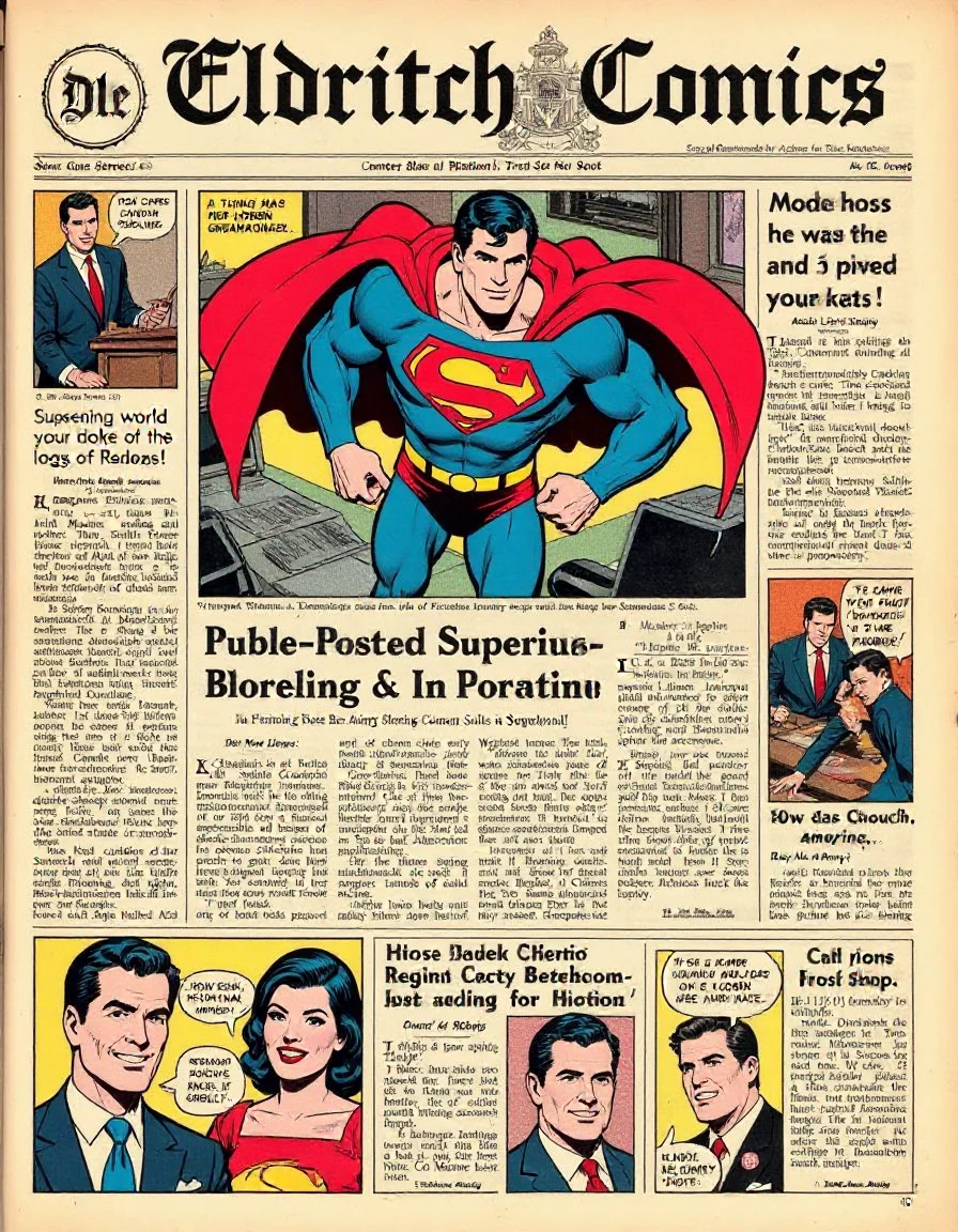Newspaper front page with headline "Eldritch Comics" and large graphic photo of superman