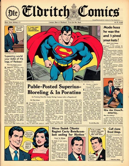 Newspaper front page with headline "Eldritch Comics" and large graphic photo of superman