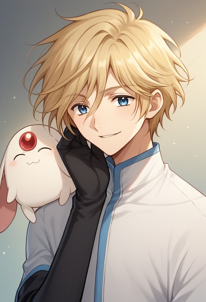 score_9, score_8_up, score_7_up, source_anime, highly detailed, 
fayd, 1boy, solo, male focus, blonde hair, blue eyes, gloves,elbow gloves
black gloves, pants, black pants, upper body, smile, mokona (creature),
indoor,
