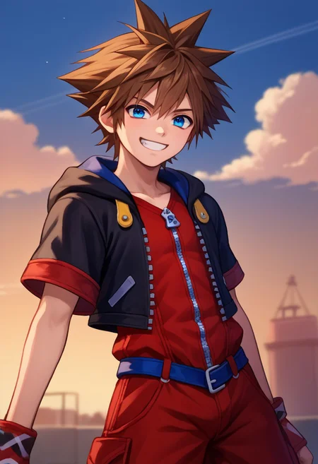 score_9, score_7_up, source_anime
sora, 1boy, male focus, solo, blue eyes, brown hair, spiked hair, default costume, short jumpsuit, red jumpsuit, jacket, cropped jacket, black jacket, hood, short sleeves, open jacket, open clotes, zipper, zipper pull tab, smile, grin
outdoor, sky,