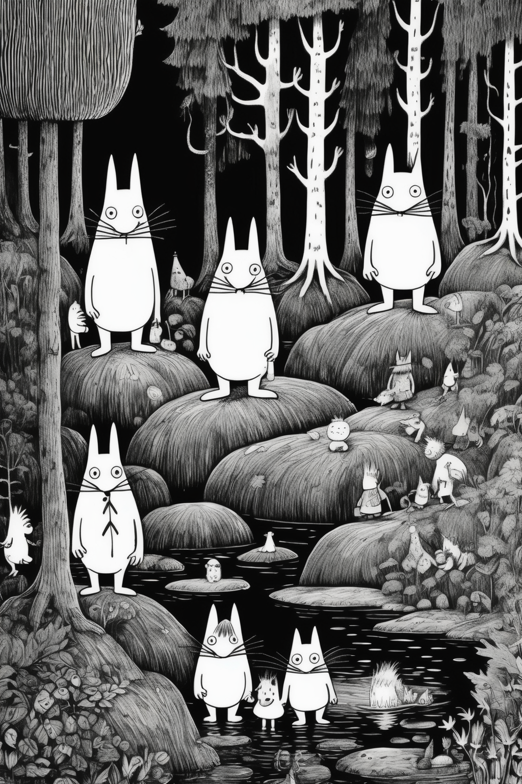 <lora:Tove Jansson Style:1>Tove Jansson Style - deep forest from which the explorer comes in with friends. moomin style, black and white coloring book