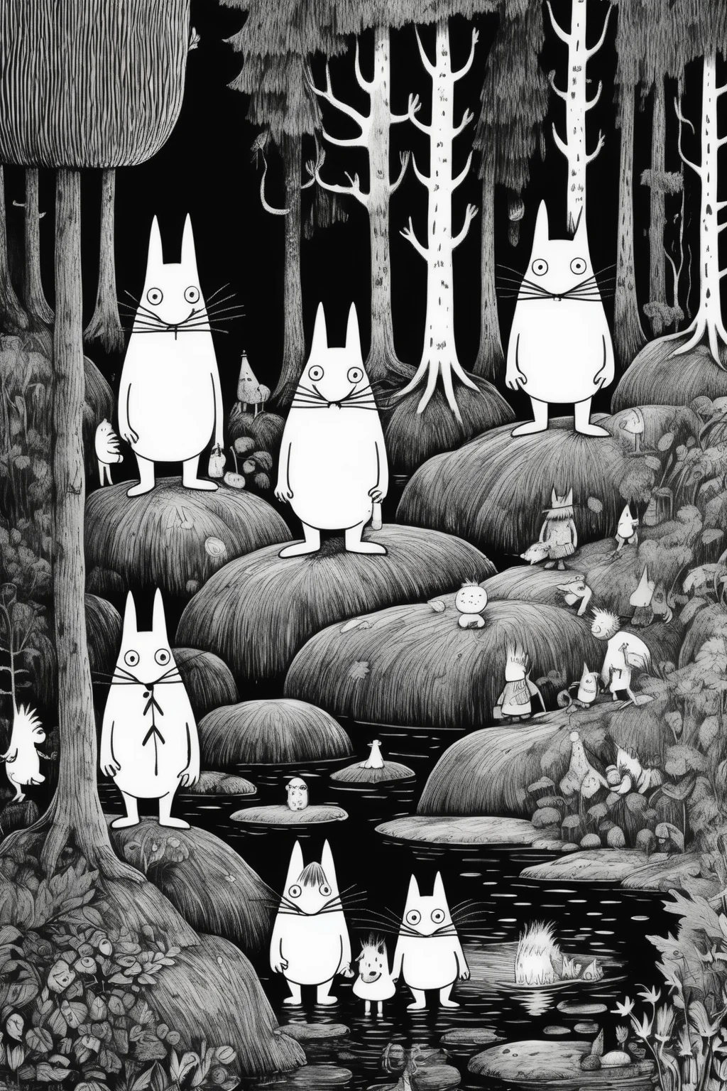 <lora:Tove Jansson Style:1>Tove Jansson Style - deep forest from which the explorer comes in with friends. moomin style, black and white coloring book