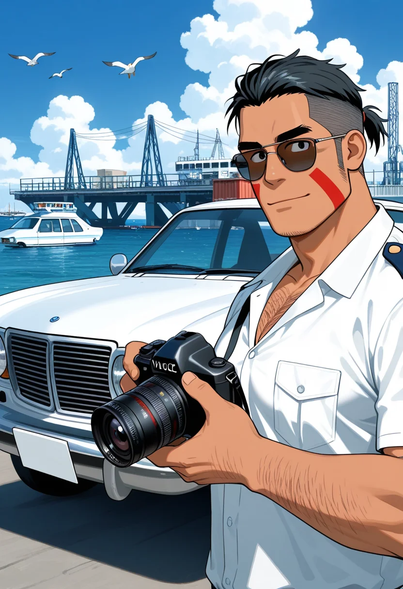 1boy, portrait, police uniform, holding camera, scenery, looking at viewer, light smile, sunglasses, outdoors, standing, male focus, taking picture, closed mouth, facing viewer,
BREAK
<lora:Budan_from_Low_Tribe_by_Gai_Mizuki_v0.1:1> large pectorals, muscular, red facepaint, chest hair, manly, long sideburns, thick arms,
budanlowtribe, mature male, thick eyebrows, under cut, black eyes, black hair, short hair, ponytail, dark skin,
BREAK
leaning on car, white car, volvo, volvo 240, harbor, cranes, industrial, outdoors, shipping container, blue sky, cloudy sky, ship, flower on car, seagull,
BREAK
(bara), best quality, masterpiece, very aesthetic, absurdres, highest detailed, very awa,