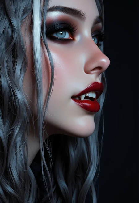 masterpiece, high detail, masterpiece, closeup portrait of stunning oriental vampire woman, long silver hair with white streak, dark eyeshadow, red lips, mouth slightly open showing fangs, chiascuro, sexy, seductive, erotic, direct gaze, dark background. highest definition, HD32K, wallpaper, hyperdetailed, concept art, extreme closeup, side profile