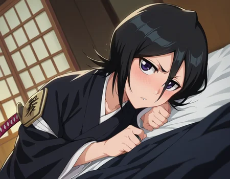 score_9, score_8_up, score_7_up, source_anime,
rukiakuchiki, <lora:rukia-kuchiki-ponyxl-lora-nochekaiser:1>,
rukia kuchiki, black hair, hair between eyes, purple eyes, short hair,
weapon, japanese clothes, sword, kimono, katana, sheath, hakama, black kimono, long sleeves, wide sleeves,
indoors, bed, bed room, on side, blush, drunk,
looking at viewer, dutch angle, cowboy shot,