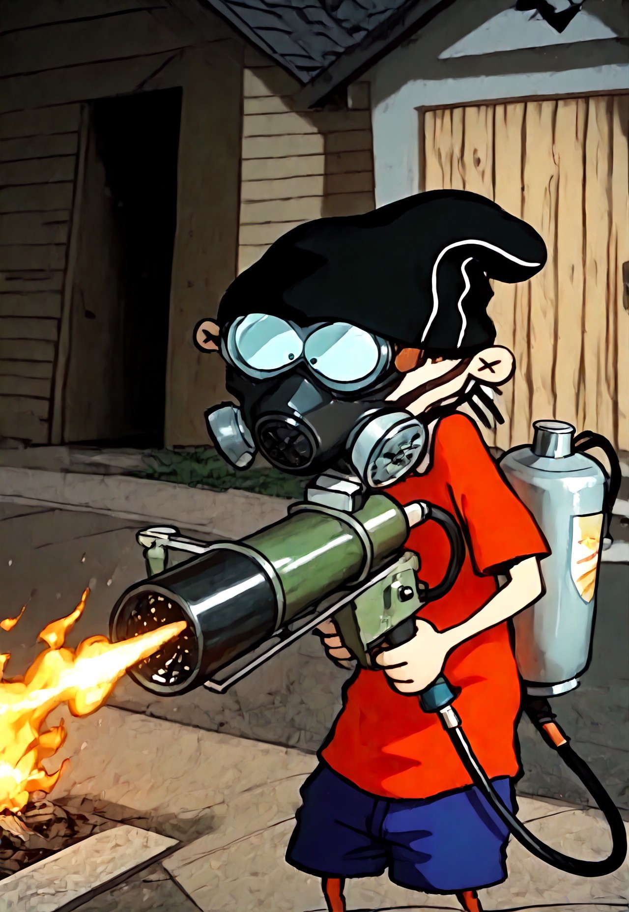Masterpiece, best quality, 8k, newest, absurdres, highly detailed, 1boy, solo, eddboi, sockhead, white sclera, black pupils, red shirt, blue shorts, gas mask, smooth black beanie hat, holding flamethrower, fuel tank on back, houses in background, detailed background, , closeup, goggles, flamethrower billowing flames, aiming flamethrower, shooting flamethrower, two handed hold,