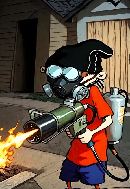 Masterpiece, best quality, 8k, newest, absurdres, highly detailed, 1boy, solo, eddboi, sockhead, white sclera, black pupils, red shirt, blue shorts, gas mask, smooth black beanie hat, holding flamethrower, fuel tank on back, houses in background, detailed background, , closeup, goggles, flamethrower billowing flames, aiming flamethrower, shooting flamethrower, two handed hold,