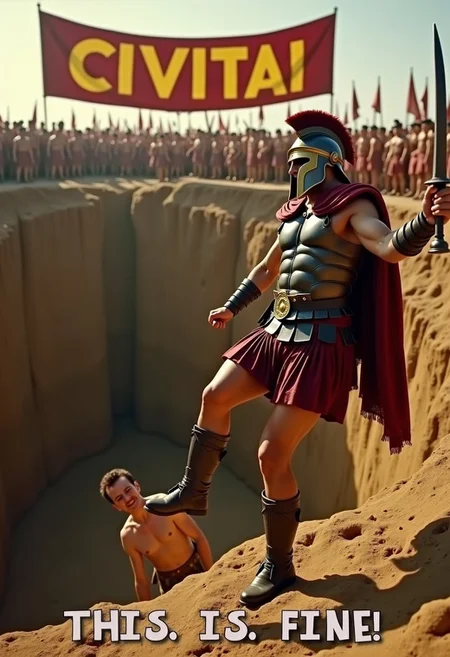 The scene from the film 300 of a Spartan warrior kicking another man into a bottomless pit, with a banner hanging overhead that says "CivitAI" and large subtitles that clearly read "THIS. IS. FINE!".
