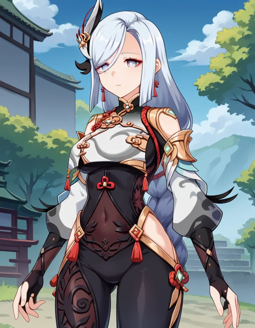 score_9, score_8_up, score_7_up, source_anime,
shenhe, <lora:genshin-shenhe-ingame-ponyxl-lora-nochekaiser:1>,
shenhe, blue eyes, braided ponytail, earrings, eyelashes, eyeliner, eyes visible through hair, eyeshadow, hair between eyes, makeup, red eyeshadow, sidelocks, single earring, symbol-shaped pupils, tassel, tassel earrings, white hair, long hair,
arm support, bare shoulders, black bodysuit, black gloves, bodysuit, breast curtain, chinese knot, clothing cutout, covered navel, detached sleeves,gloves, gold trim, hip vent, jewelry, long sleeves, partially fingerless gloves, puffy detached sleeves, puffy long sleeves, puffy sleeves, shoulder cutout, side cutout, stomach cutout, thigh cutout, white sleeves,
outdoors, shrine, forest, nature,
looking at viewer, cowboy shot, dutch angle,