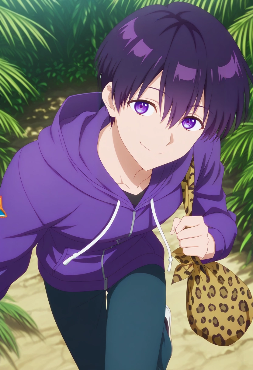 masterpiece, best quality, , anime screencap, anime coloring, official style, looking at viewer, 1boy, solo, male focus, <lora:yuuki_izumi_ilxl:1>, yuuki_izumi, purple hair, purple eyes, short hair, bangs, hair between eyes, , close-up, jungle, noon, standing on one leg, seductive smile, Herringbone RoyalPurple Leopard print Utility joggers, Twill Lavender Windbreaker, , , Drawstring Bag andNose Ring