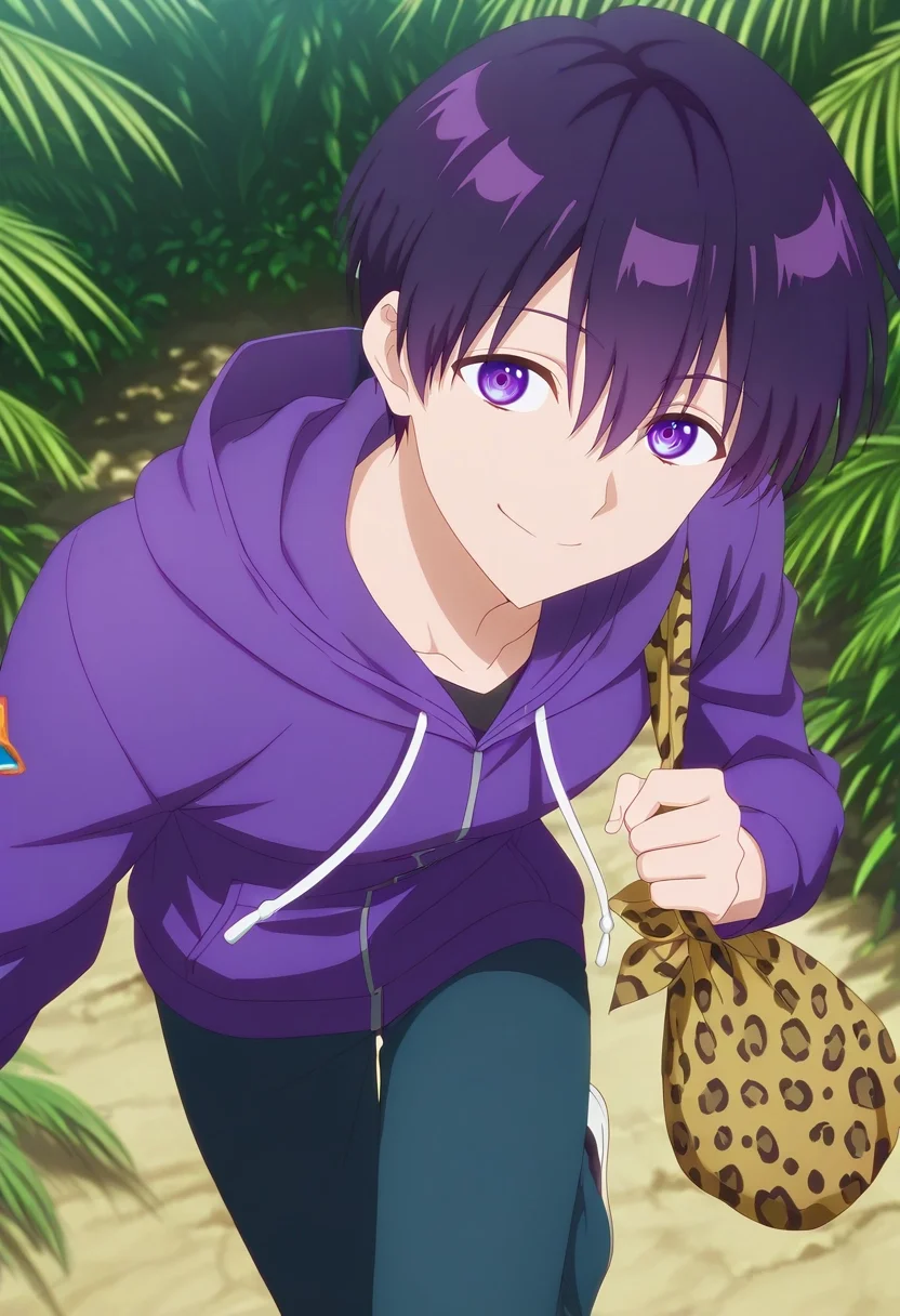 masterpiece, best quality, , anime screencap, anime coloring, official style, looking at viewer, 1boy, solo, male focus, <lora:yuuki_izumi_ilxl:1>, yuuki_izumi, purple hair, purple eyes, short hair, bangs, hair between eyes, , close-up, jungle, noon, standing on one leg, seductive smile, Herringbone RoyalPurple Leopard print Utility joggers, Twill Lavender Windbreaker, , , Drawstring Bag andNose Ring