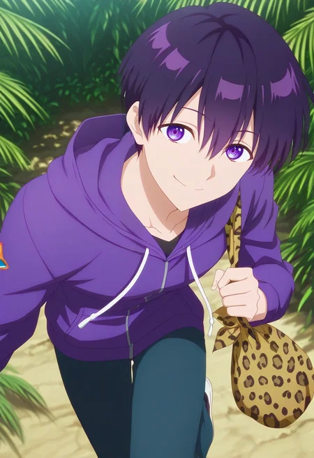 masterpiece, best quality, , anime screencap, anime coloring, official style, looking at viewer, 1boy, solo, male focus, <lora:yuuki_izumi_ilxl:1>, yuuki_izumi, purple hair, purple eyes, short hair, bangs, hair between eyes, , close-up, jungle, noon, standing on one leg, seductive smile, Herringbone RoyalPurple Leopard print Utility joggers, Twill Lavender Windbreaker, , , Drawstring Bag andNose Ring