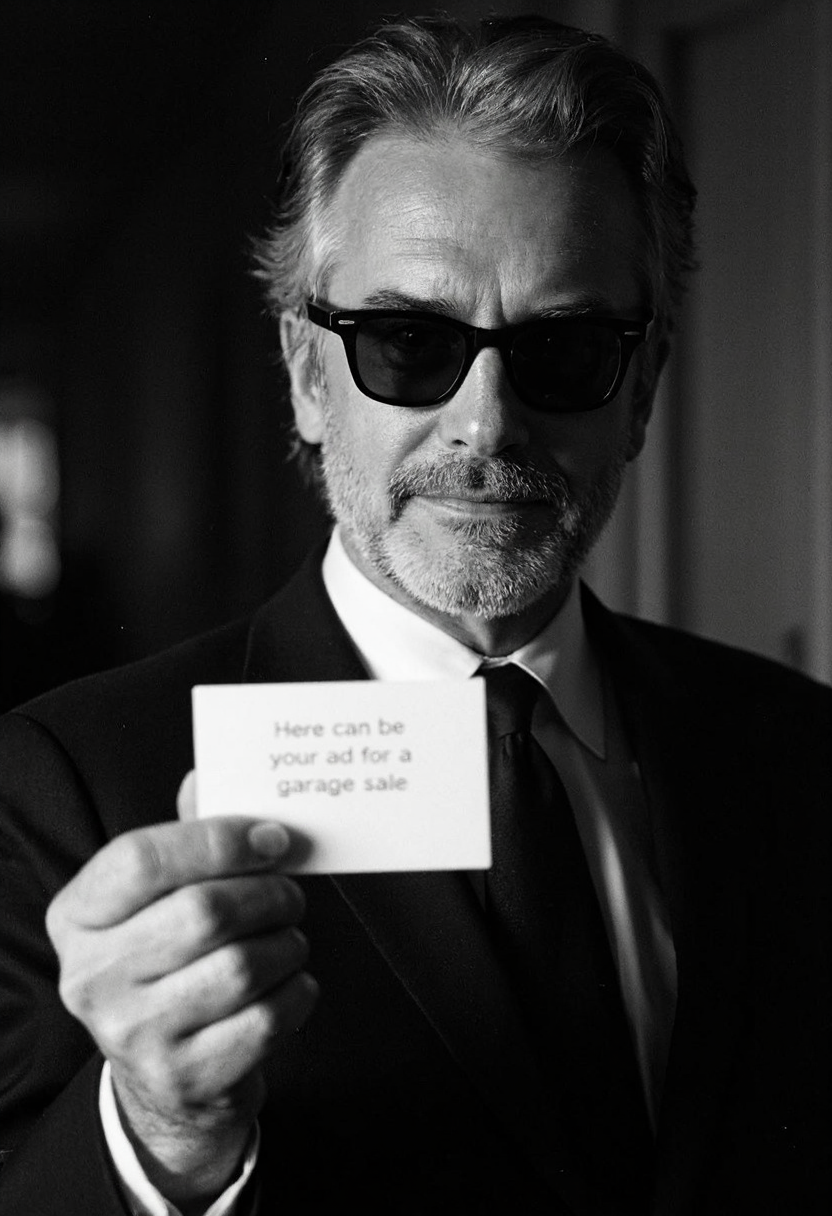 8n8log, 35mm analog black and white photo, chiaroscuro lighting, movie still, a grey haired man wearing rayban wayfarer sunglasses, he's wearing a black business suit, black tie, holdin a business card in the in one hand, he's holding the card to camera with text on it saying "Here can be your ad for a garage sale", film photography aesthetic, film grain effect prominent throughout image,  high contrast lighting creating dramatic shadows, grainy film-like texture,
