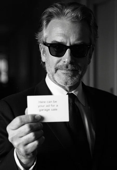 8n8log, 35mm analog black and white photo, chiaroscuro lighting, movie still, a grey haired man wearing rayban wayfarer sunglasses, he's wearing a black business suit, black tie, holdin a business card in the in one hand, he's holding the card to camera with text on it saying "Here can be your ad for a garage sale", film photography aesthetic, film grain effect prominent throughout image,  high contrast lighting creating dramatic shadows, grainy film-like texture,