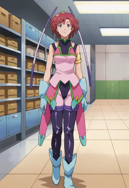 score_9,score_8_up,score_7_up,anime coloring BREAK source_anime,anime,<lora:Leena_Toros_Pony:0.8>,leena,1girl,solo,red hair,short hair,hair ornament,pilot suit,armlet,gloves,boots,standing,indoors,Warehouse,smile,