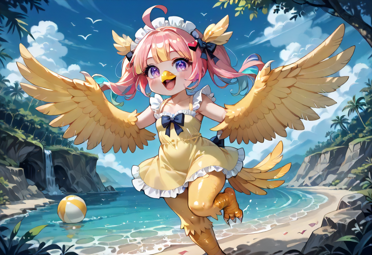 best resolution,score_9,score_8_up,score_7_up,score_6_up,score_8,score_7,score_6,best quality,masterpiece,source_anime,fantasy,beach background,1girl,solo,kawaii,cute,chibi,bikini style,1girl, winged arms, harpy, tiny breasts, yellow sundress, outdoors, beach background,expressiveh,happy,smile,detailed eyes, <lora:InflationXL_063-NoReg-epoch-08:0.25> <lora:Expressive_H:0.6> <lora:detail_eyes:0.5>  <lora:winged_arm_style:0.8>