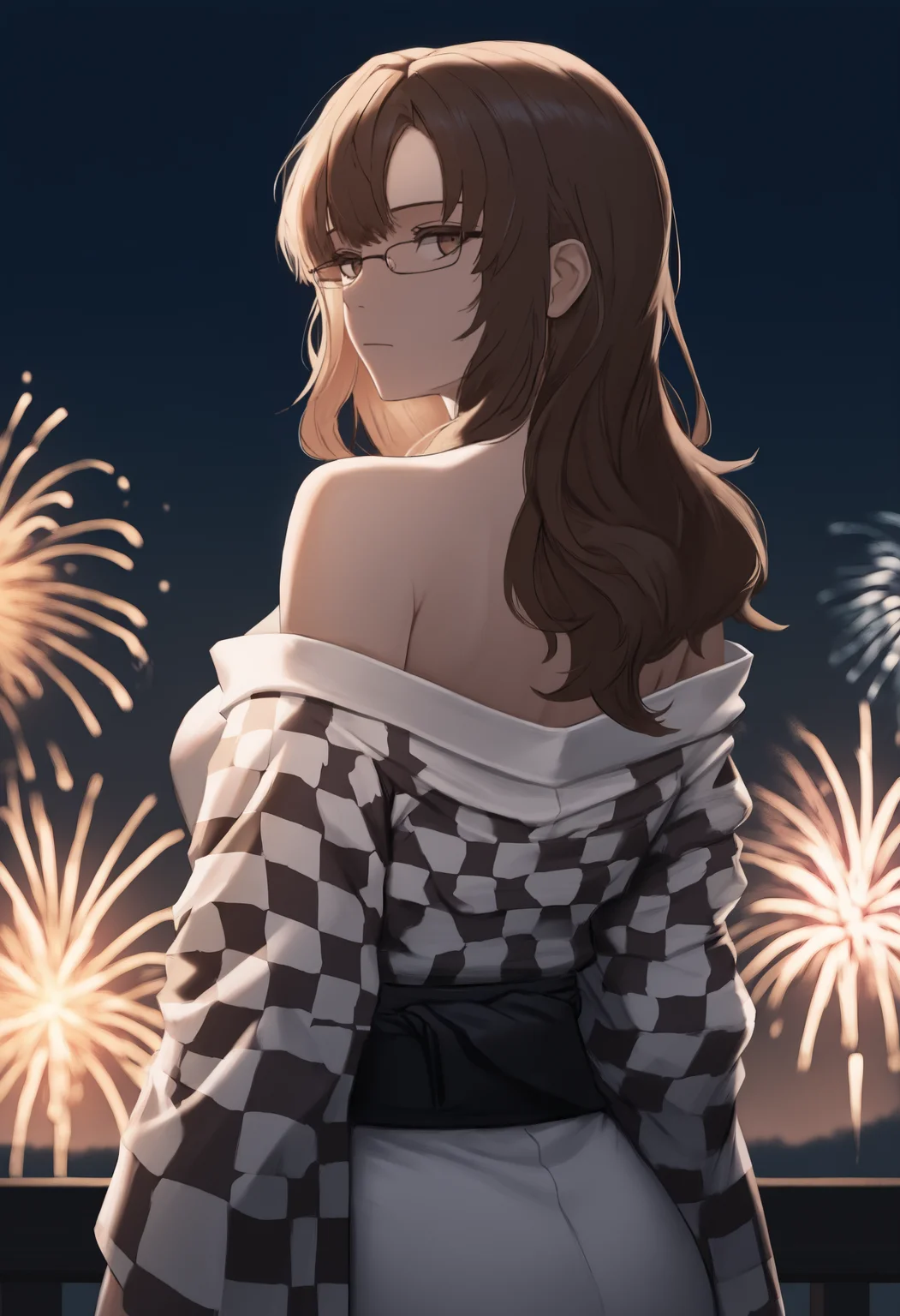 masterpiece, best quality, newest, anime, from behind, solo, 1girl, k1ryu, expressionless, looking back, long hair, brown hair, brown eyes, glasses, japanese clothes, white kimono, checkered kimono, off shoulder, black sash, bare shoulders, outdoors, night, fireworks
<segment:yolo-face_yolov8m.pt,0.4,0.5//cid=1>